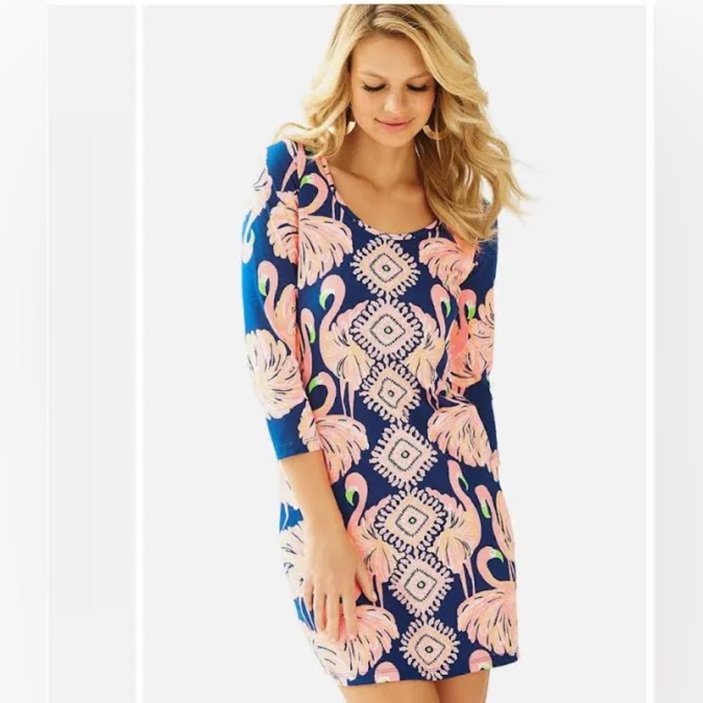 Lilly Pulitzer Flamingo Dress Pink Navy Gimme Some Leg Flamingo Print SMALL NWT
